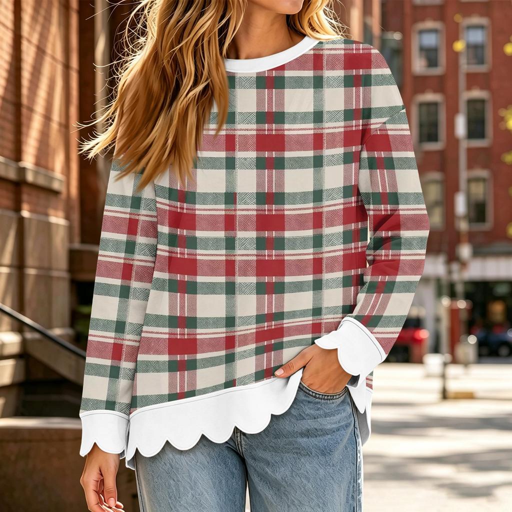 Women's Loose Fit Crewneck Sweatshirt with Scalloped Hem, Christmas Print Long Sleeve Pullover Top