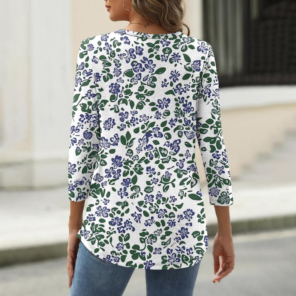 Women's T Shirt Tee Print Button 3/4 Sleeve Daily Weekend Fashion Basic V Neck Regular Top