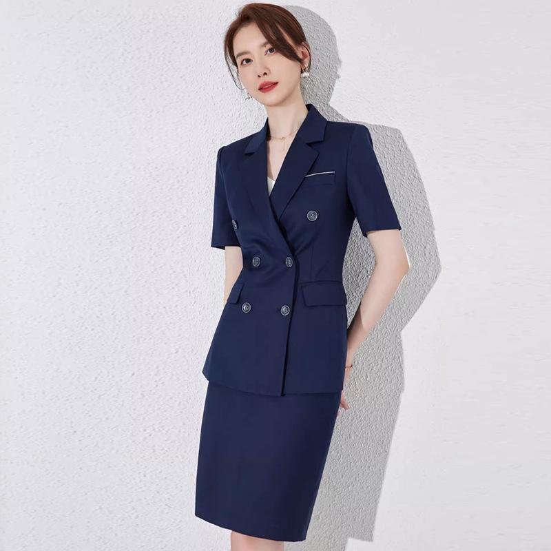 Navy Blue Short Sleeve Double-Breasted Professional Suit Set