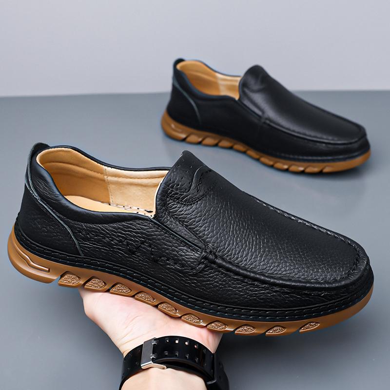 2026 New Men Trendy Cow Leather Shoes, Hand Stitched Slip-On Casual Loafers, Light Anti-slip Wear-resistant Leather Footwear