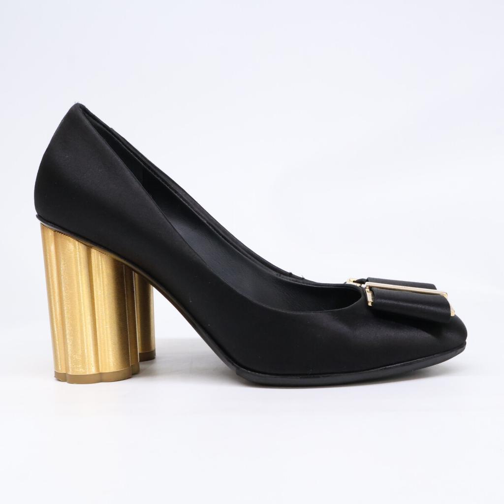 Salvatore Ferragamo Satin Capua pumps shoes 6.5D Black x GoldUsed