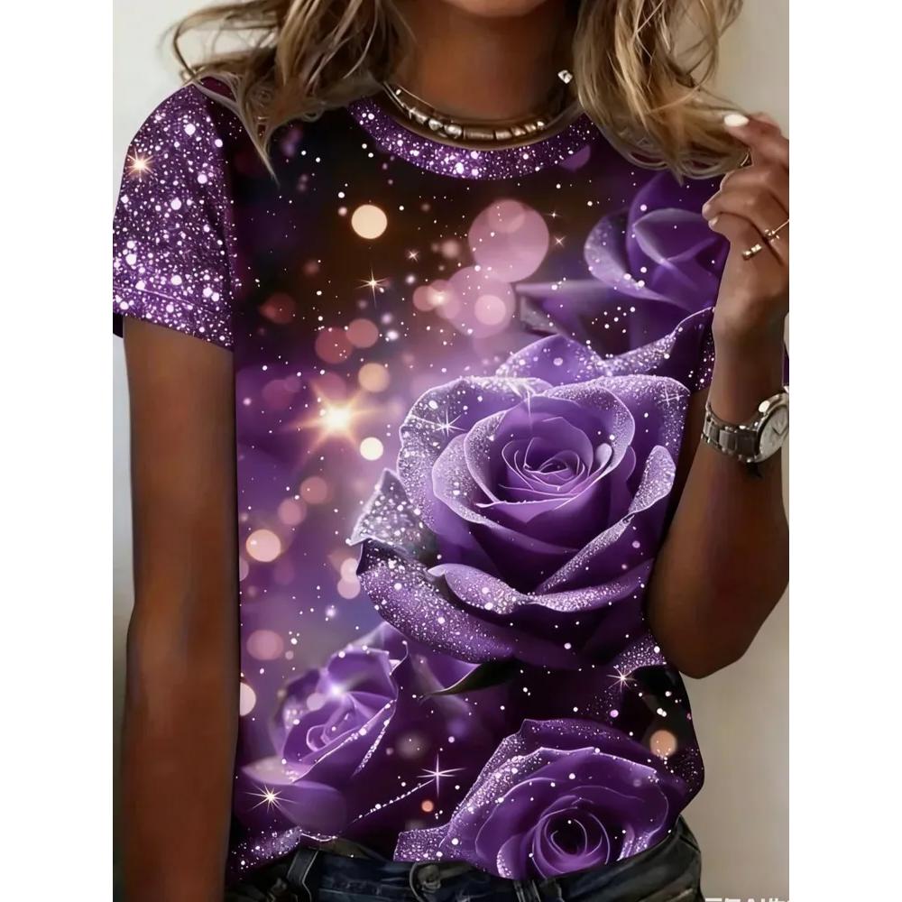 Fashion Flower Print T-shirt Casual Loose Women s Top Comfortable T-Shirts Women’s XS