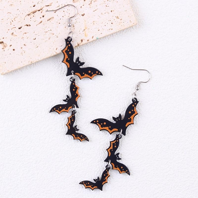 Bat Drop Earrings Lightweight Acrylic Hook Pair for Halloween Parties, Costume Looks and Themed Photo Styling Wear