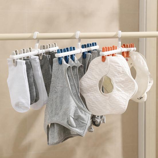 Clothes Drying Rack Small Folding Underwear Hangers with 6 Clips 360 Degree Rotatable Multifunctional Laundry Hanger for Socks Towels Bras Baby