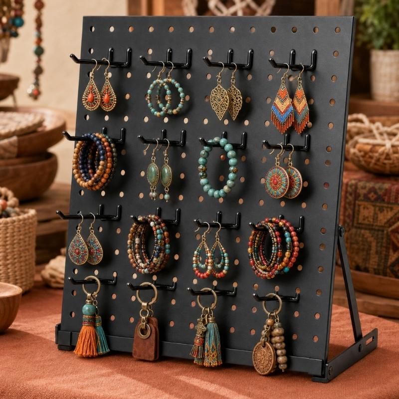 Metal Jewelry Display Rack with Open Pegboard Panel, 16 Movable Hooks and Adjustable Viewing Positions for Tabletop Retail and Craft Fair Displays