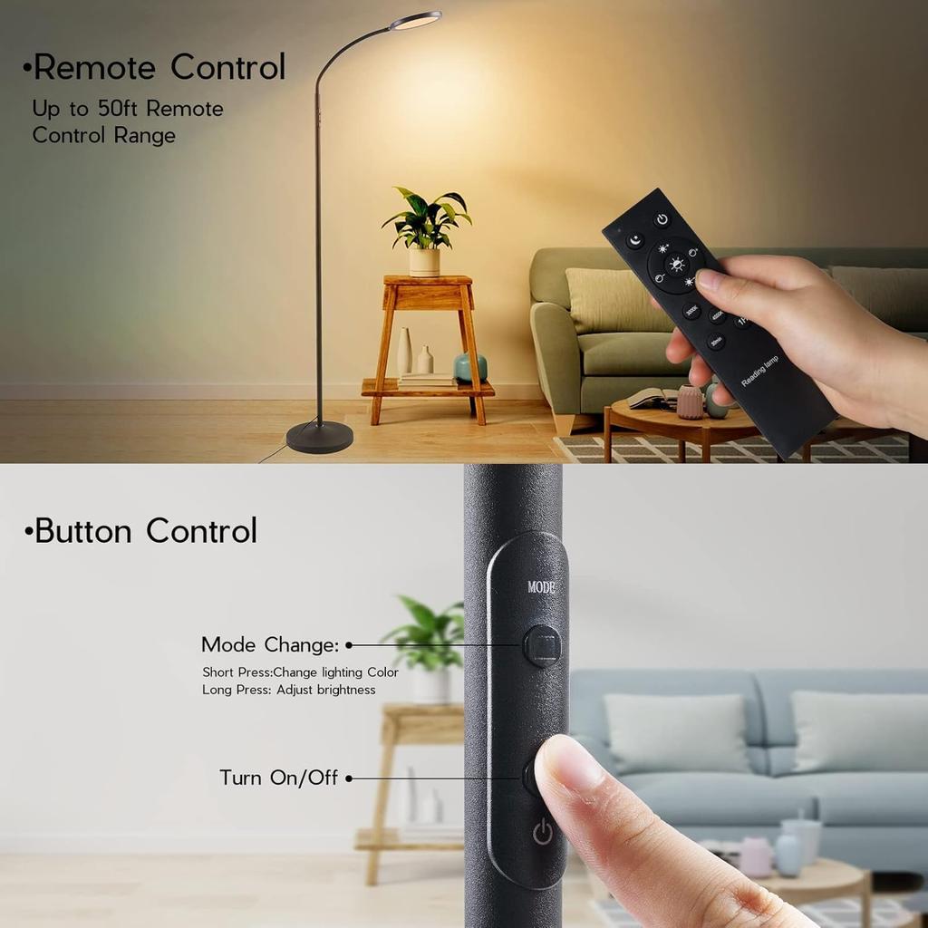 Dimmable LED Floor Lamp, Adjustable Gooseneck, Remote Control, Custom Color Temperature for Living Room, Bedroom, Office