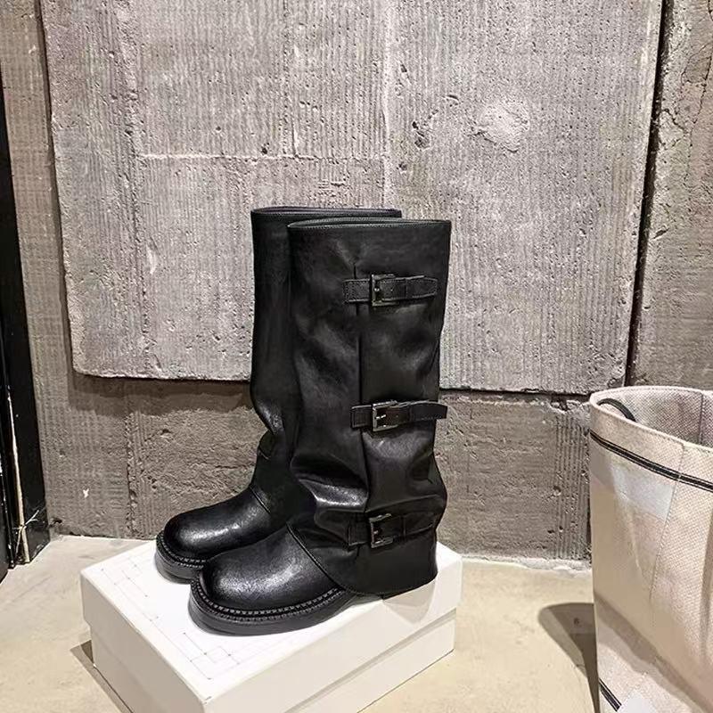 [Ruodan] Spice Girls Pants Boots~ 6.5cm Height Increasing Buckle Mid Tube Western Knight Boots Women's Pile Boots