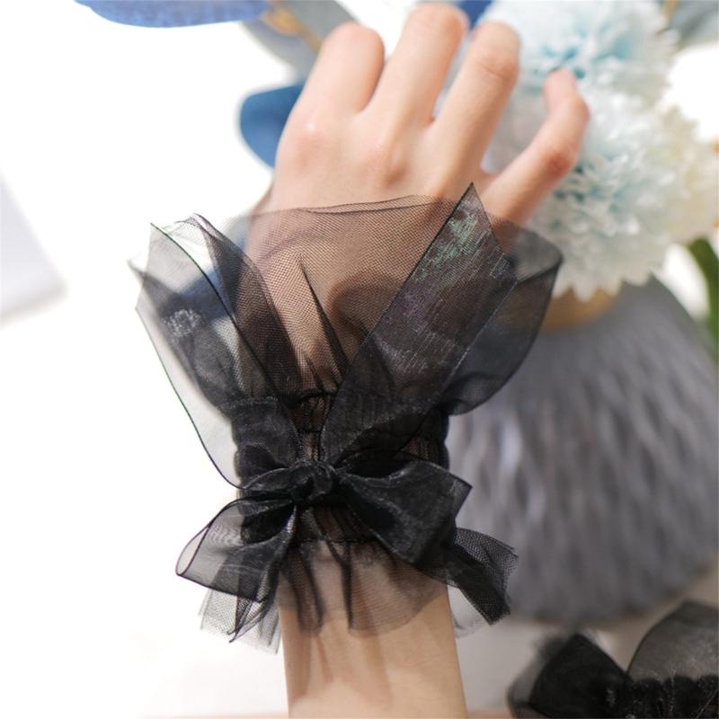 Women Wrist Cuffs Removable Bowknot Ruffled Wedding Supply Bride Dress False Sleeves Tulle Flared Sleeves