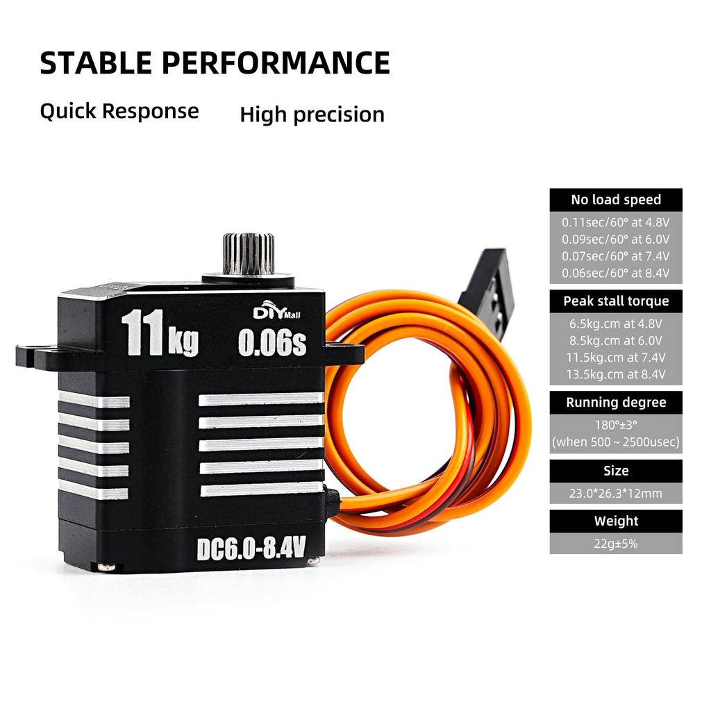 Micro 11KG 0.06S Digital Coreless HV Programmable Servo, 8.4V, 180270360°, Metal Gear, for RC Cars (180°)