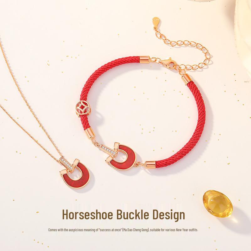 Tichya Red Agate Horseshoe Buckle Necklace, Women's S925 Sterling Silver, Chinese Style Niche Coin Collarbone Chain