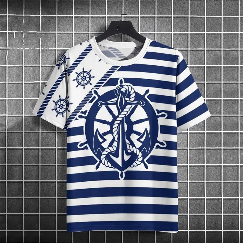 Retro Style Anchor Graphic Men T-shirt Street 3D Print Casual Fashion Stripe Short Sleeve T Shirts Summer Daily Trend Men's Tees