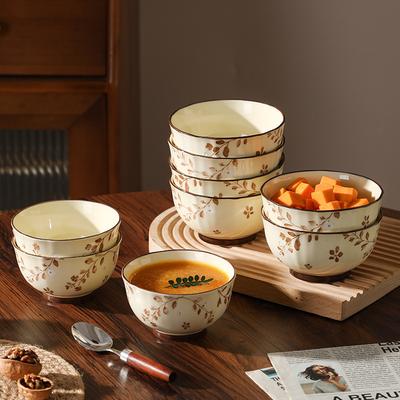 Bowl Retro Style High Value Bowl With Brocade Leaf Huannian Ceramic Underglaze Color Rice Bowl Household High Temperature Resistant Bowl