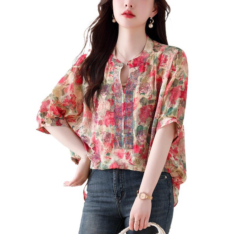 Summer Plus Size Age Reducing Printed Top Women's V-Neck Short Sleeve Shirt Sun Protection