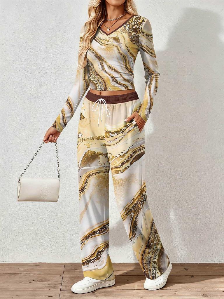Spring and Autumn digital print women's V-neck long sleeve pants set, comfortable, casual, versatile, slim fit two-piece set