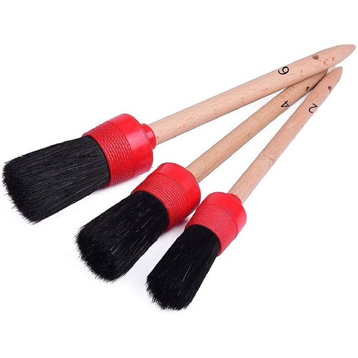 11Pcs Auto Detailing Set, Boar Hair Brushes, Steel Wire & A/C Brushes, Red, Soft Bristles, Wood Handles For Cleaning Interior, Exterior, Leather, 6