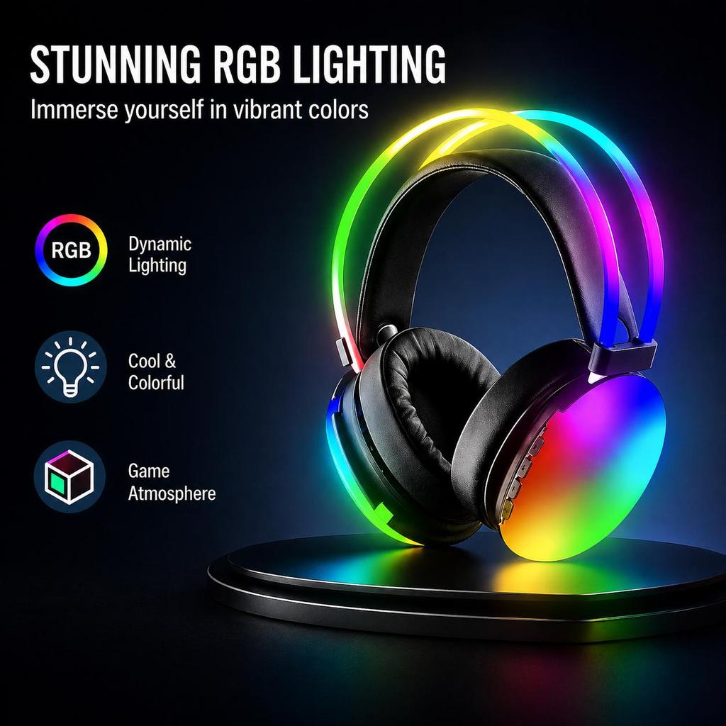 Light-Up Gaming Headset: Wireless Over-Ear Headset with Gradient RGB Lighting Effects