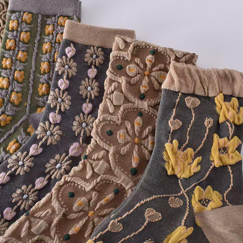 Șosete Vintage Embosate Florale de Cafea până la Mijlocul Gambei pentru Femei - Stil Literar de Curte Toamnă/Iarnă