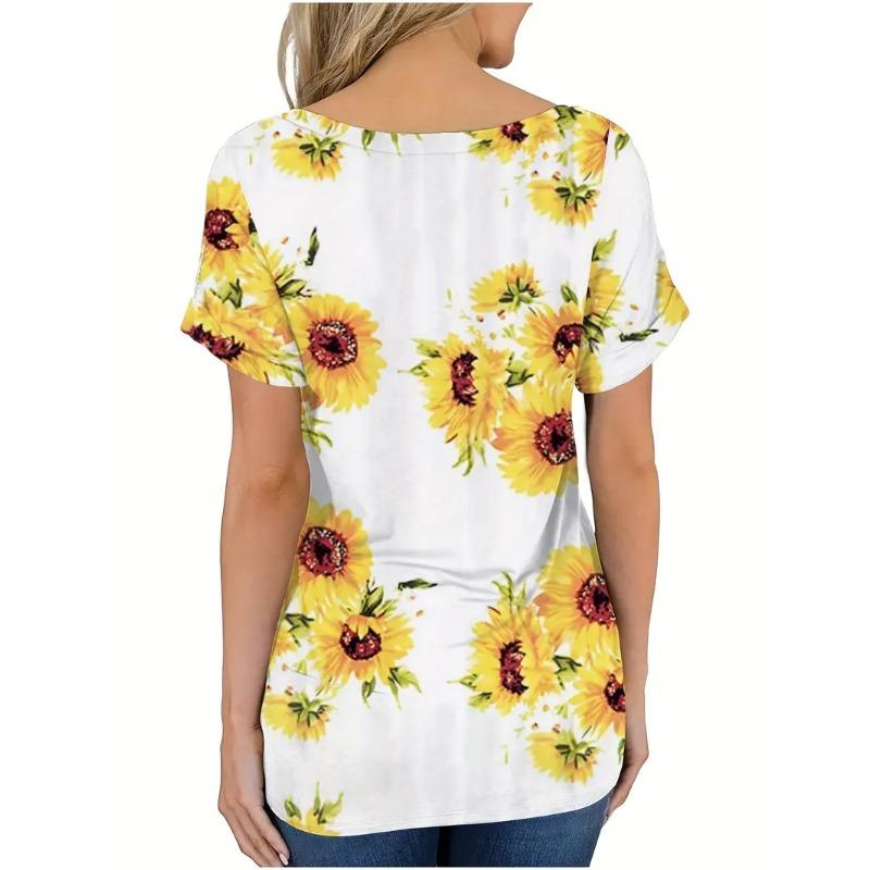 T-Shirt mit Sonnenblumen-Print und V-Ausschnitt, lässiges Kurzarm-T-Shirt für Frühling und Sommer, Damenbekleidung