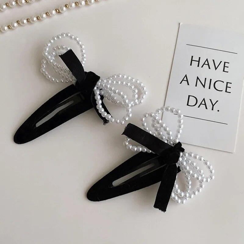 Retro Velvet Hair Clips For Women Vintage Imitation Pearl Bow Hairpins Side Clip Girls Black Barrettes Hair Accessories Headwear