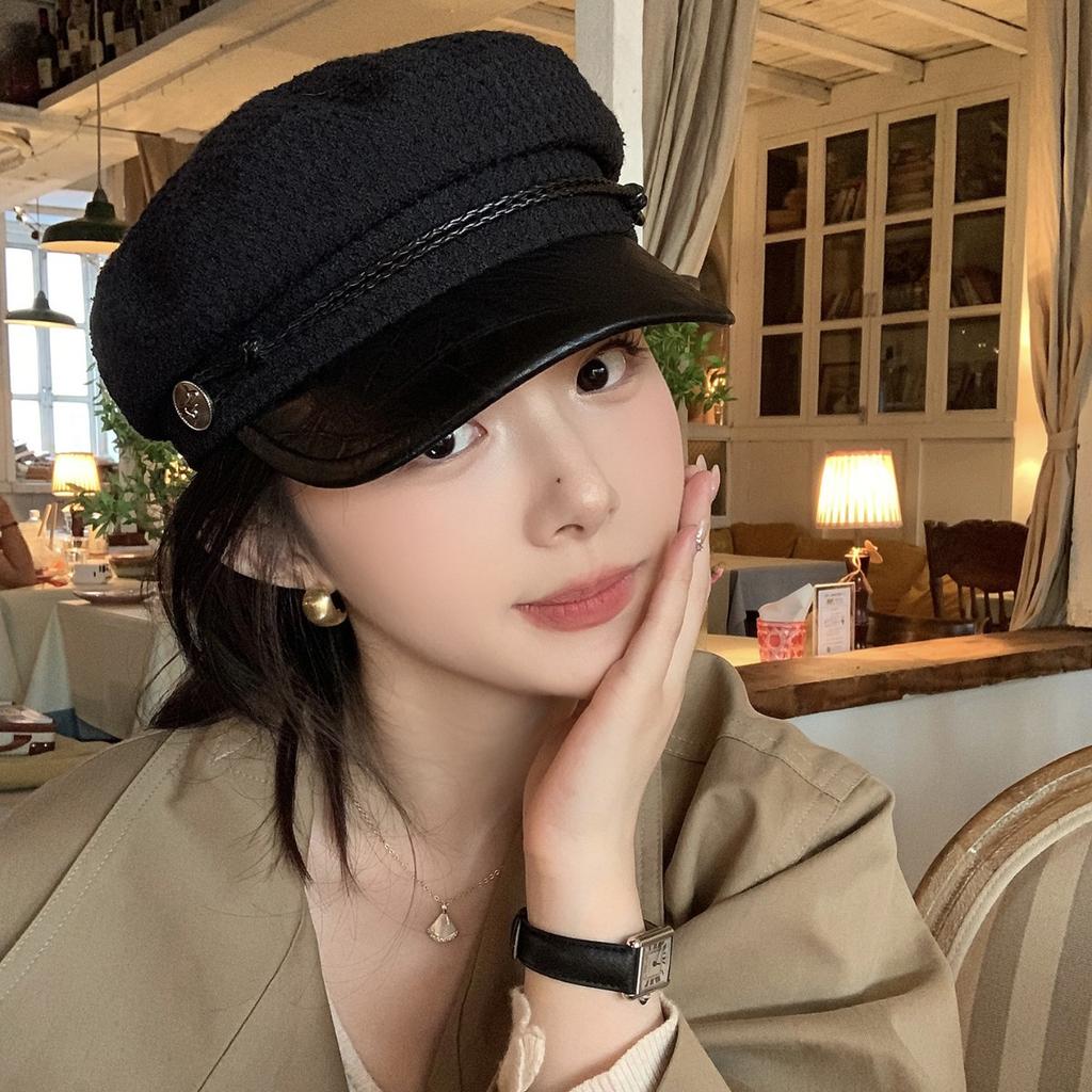 Korean Retro Black Beret for Women In Autumn and Winter with Large Head Circumference Newsboy Hat Painter Hat for Women Showing A Small Face