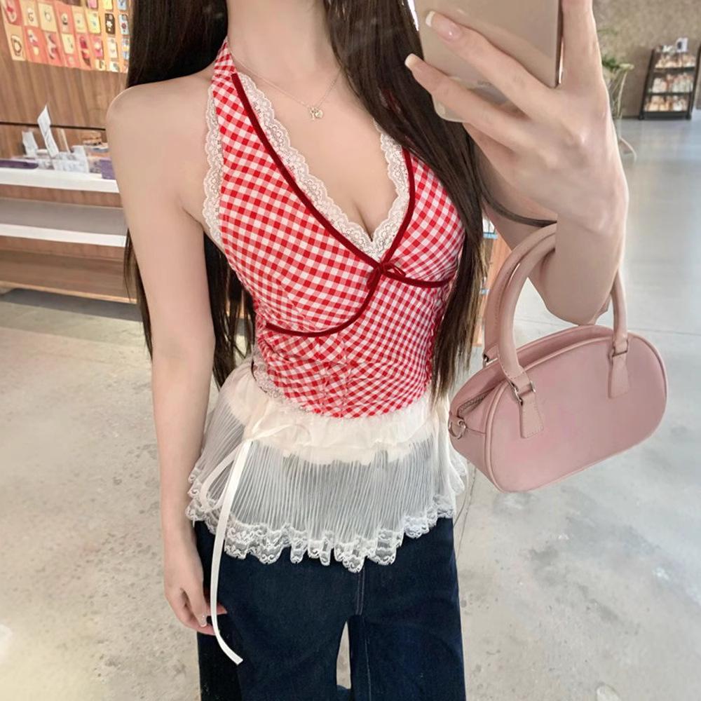 

Women s Red Plaid V-Neck Halter Camisole with Lace Trim Extra Large розовый
