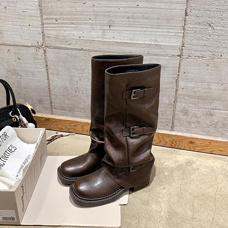 Su Yinyin, the same Spice Girl pant tube boots, thick-soled heightened medium tube belt buckle, western knight boots, black stacking boots for women