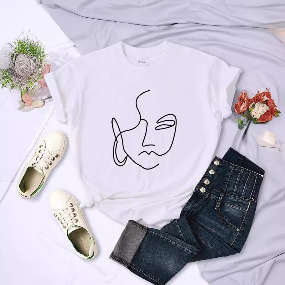 Графическая футболка с рисунком лица в стиле line art, повседневная футболка с коротким рукавом для унисекс, женская, уникальный, однолинейный, абстрактный, унисекс, лицо, стильный дизайн, топ S
