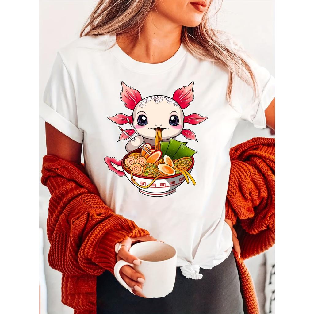 Cute Kawaii Ramen Lover Fashion Letter Print T-shirt, Short Sleeve Crew Neck Casual Top for Summer & Spring