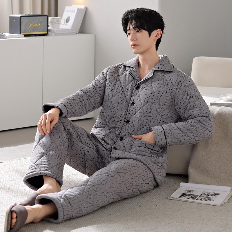 Anti-Static Pajamas Men'S Winter Pure Cotton Padded Three-Layer Thickened And Velvet Warm Autumn And Winter Loungewear Large Size Set