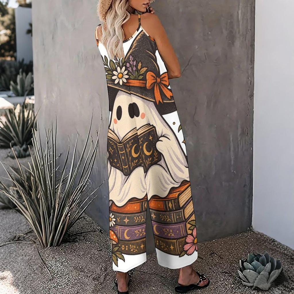 Damen Spaghettiträger Jumpsuit Süße Schwarze Katze Hexenhut Kürbis Halloween Print Weite Hosen Mit Taschen