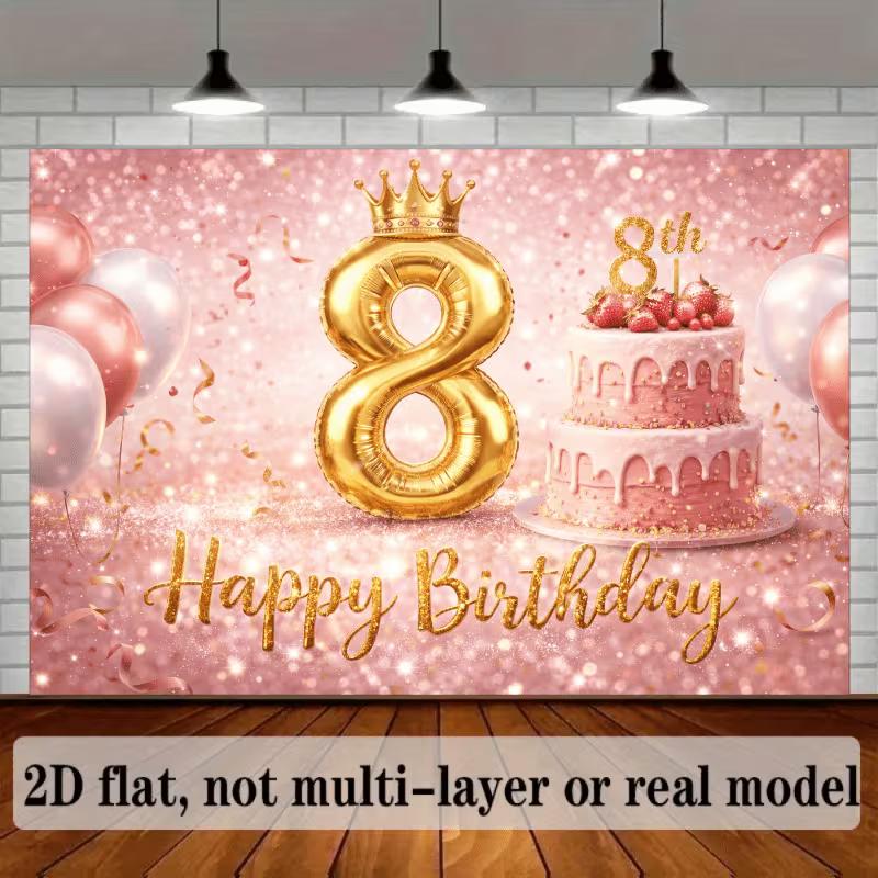 2D Pink Glitter Gold Crown 8th Birthday Photography Background
