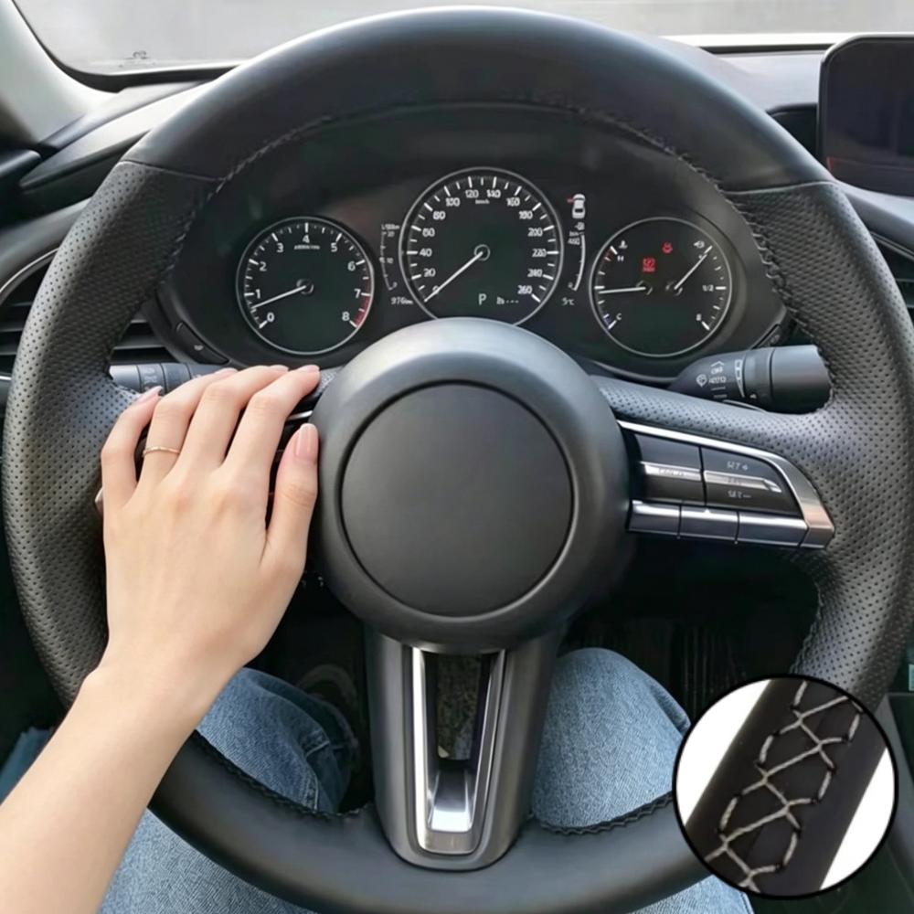 Hand Stitched Wear Resistant Perforated Non-slip Microfiber Leather Steering Wheel Cover For Mazda 3 CX-30 CX30 2020-2023