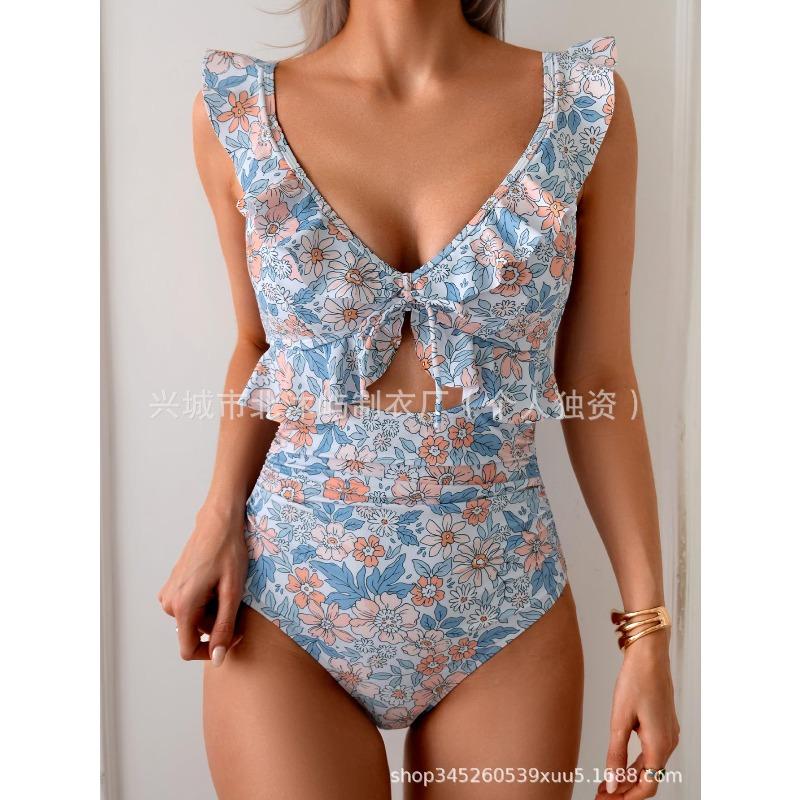 New women's one-piece belly pleated swimsuit V-neck pleated swimsuit Slim-fit hollow swimsuit women