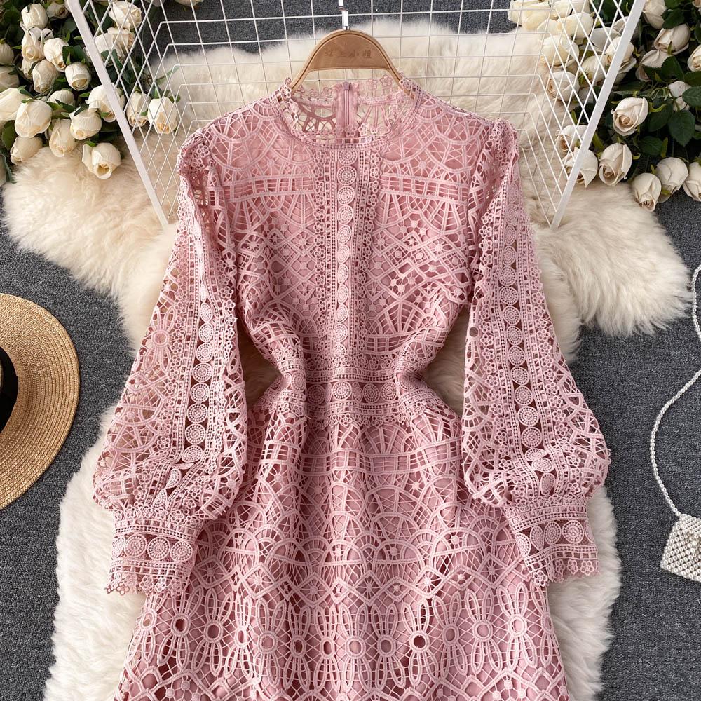 RUGOD Robe rétro haut de gamme de déesse du tempérament, robe trapèze en dentelle à crochet creux à taille fine et fleur