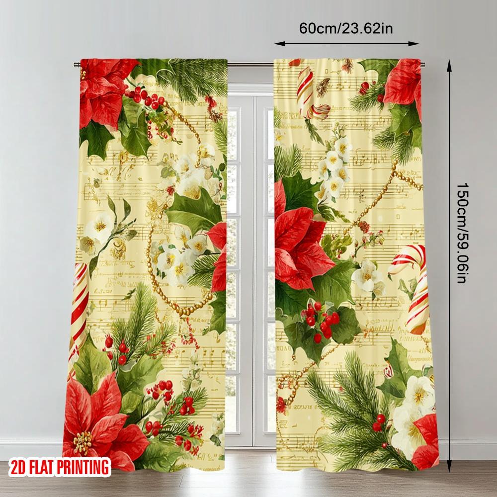 2pcs 2D flat printing Popular Christmas curtains Christmas Poinsettias Holly Garland Digital Printed Polyester Drapes Holiday