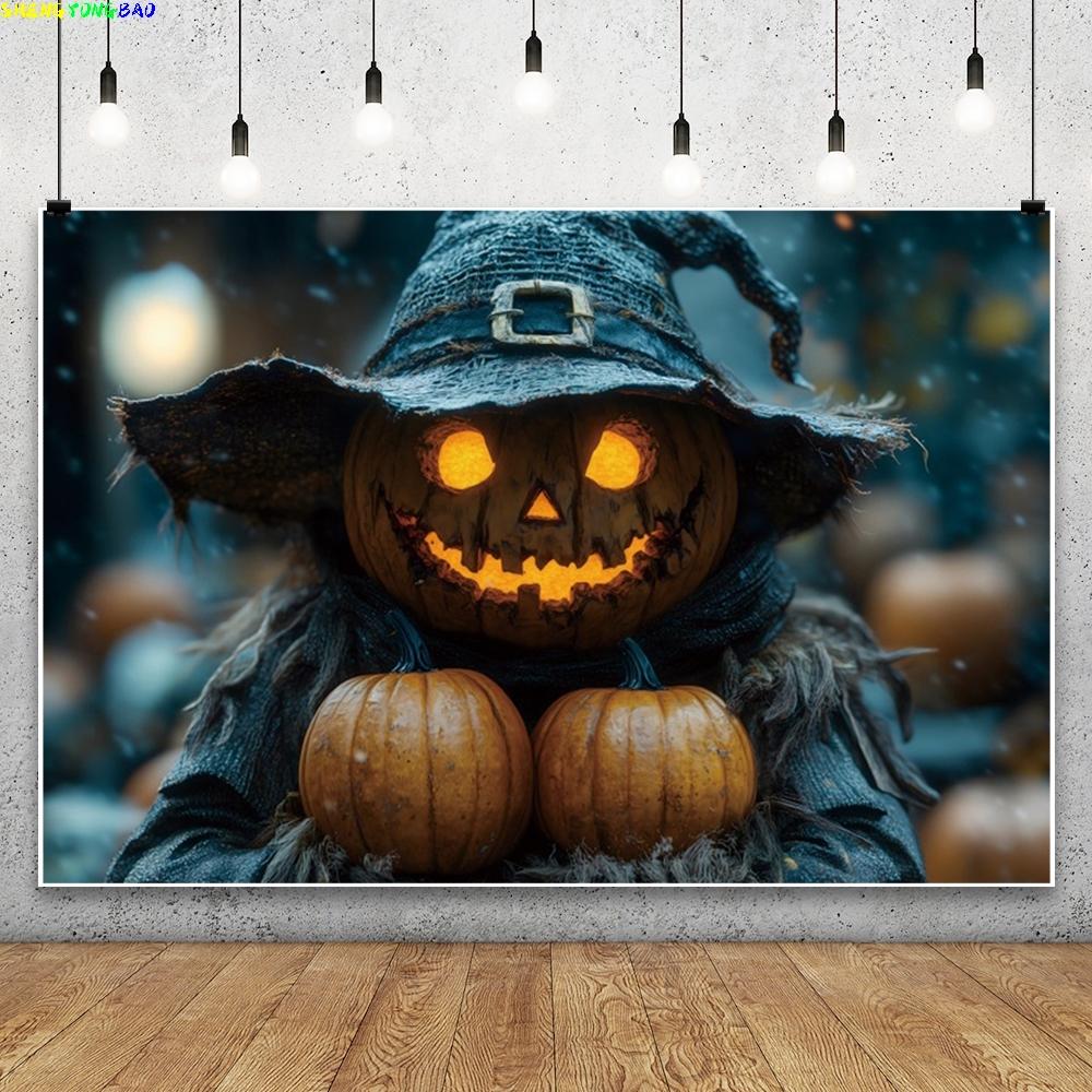 Horror Halloween Photography Background Terrifying Full Moon Night Pumpkin Lamps Scarecrow Halloween Party Decor Photo Backdrop