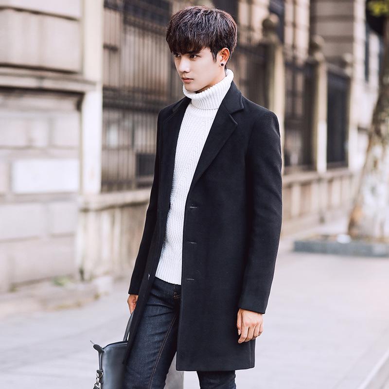 

Шерстяное пальто мужское корейской версии приталенный тренчкот средней и длинной длины мужское шерстяное пальто 5XL чёрный