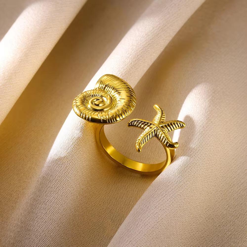 Creative oil pressure starfish conch titanium steel ring female zircon inlay with design summer beach jewelry