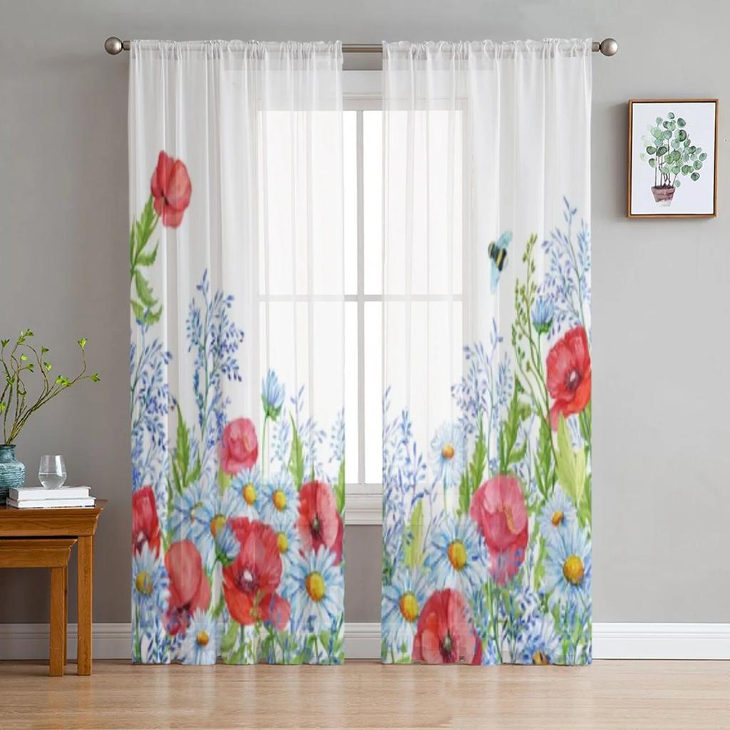 Transparente Vorhänge mit Mohnblumenmotiv für Wohnzimmer, Schlafzimmer, Tüllvorhänge, Küchenfensterbehandlungen, Panel-Vorhänge