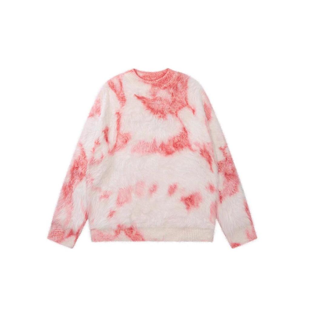 High Street Trendy Tie-Dye Faux Mink Men’s Loose Winter Sweater - Soft, Fluffy, Long Sleeve, Round Neck