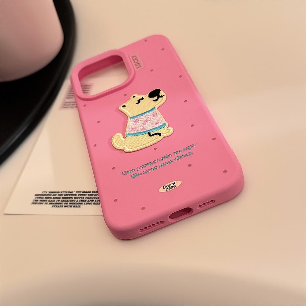 Cute Embroidered Puppy Phone Case for iPhone 15 iPhone 16 iPhone 16 Pro Max