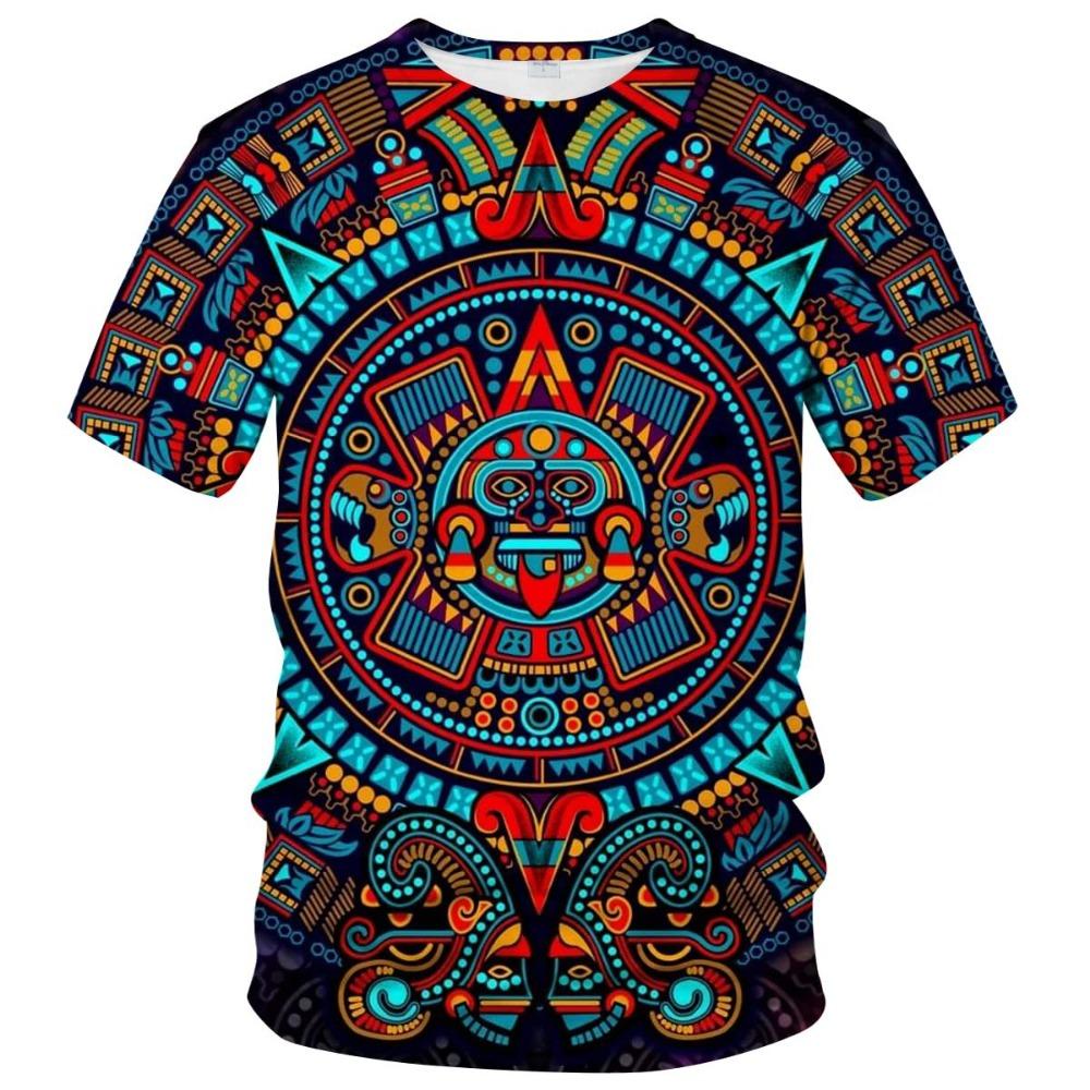Maya Ethnic Style Pattern 3D Digital Printing Men's Fashionable Round Neck Short Sleeved T-shirt