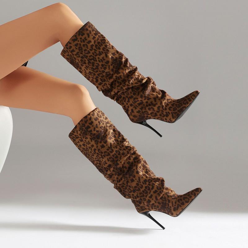 Womens High Heel Long Boots Side Zipper Pleated Fashionable All-Match