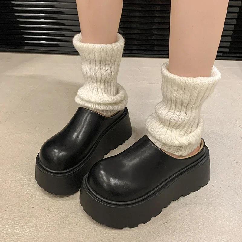 Short Plush Chunky Women Mules Slippers Casual Cover Toe Platform Flats Slides Ladies Comfort Cotton Shoes
