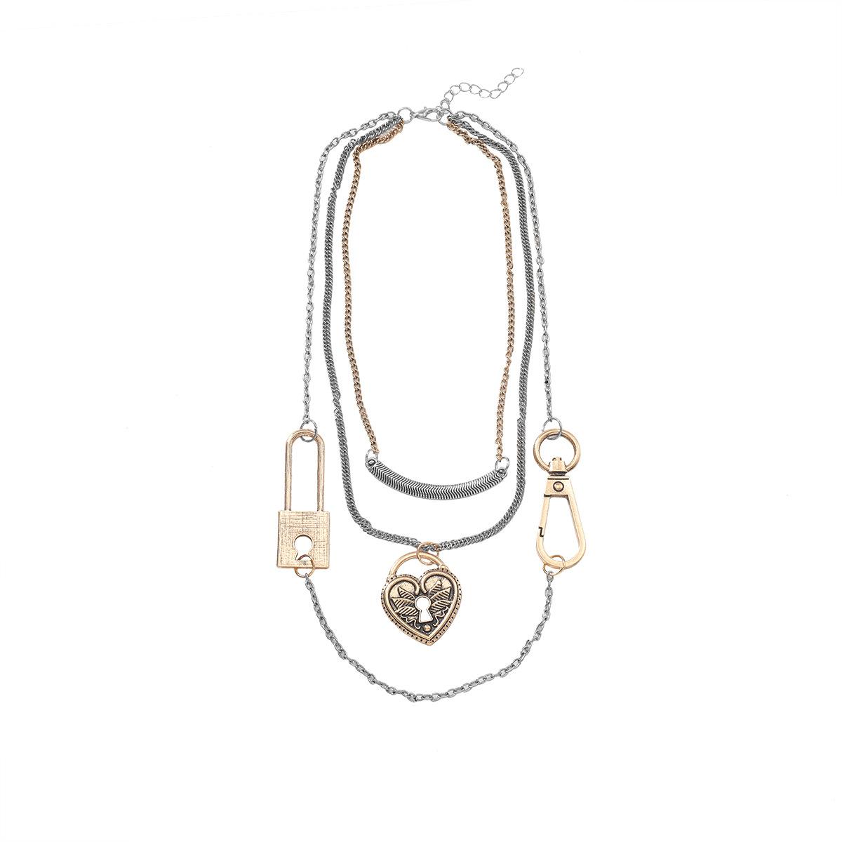 Big  heart-shaped hollow lock multi-layer necklace women s geometric metal collarbone chain design sense