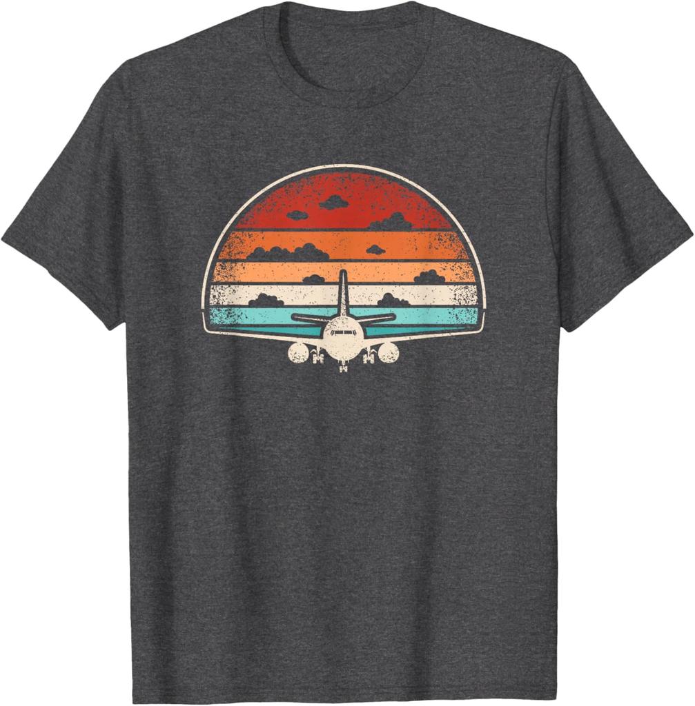 Retro Airplane Sunset Graphic Tee Men's Casual Breathable Cotton T-Shirt Pilot Aviator Flying
