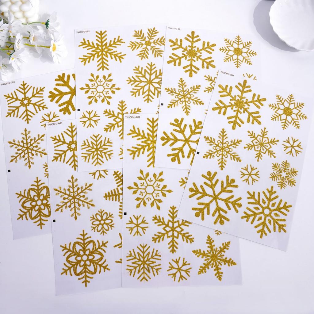 6 Glass Window Stickers With Golden Snowflakes Glitter Christmas Decoration Window Stickers Static Christmas Window Stickers