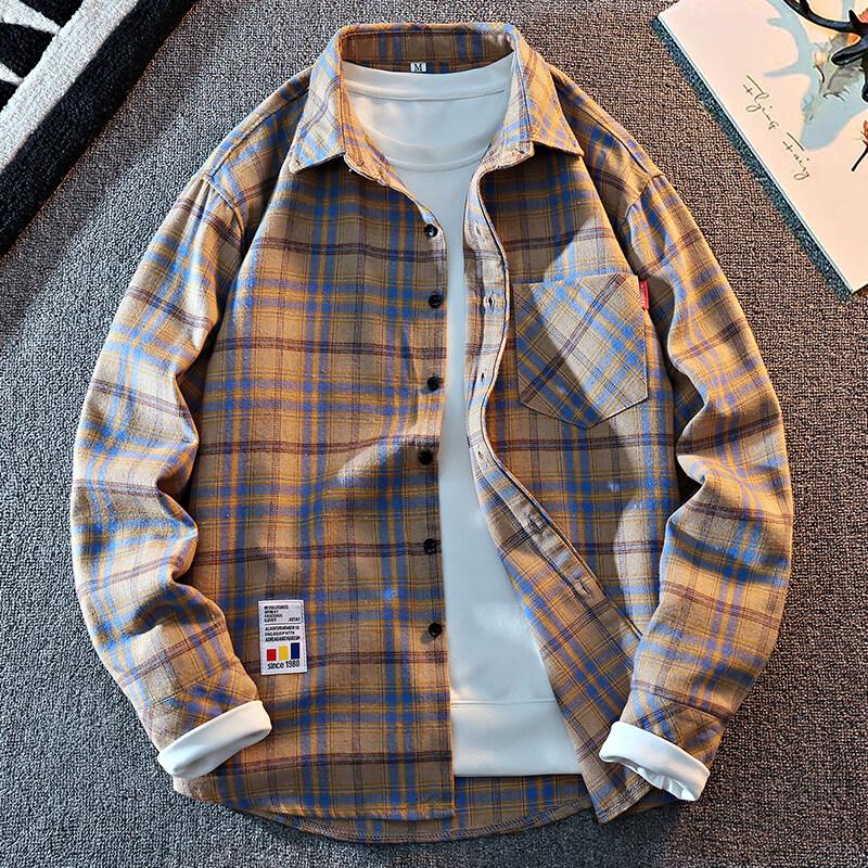 Autumn Men's Plaid Shirt Long Sleeve Casual Shirts Button Down Regular Fit Work Shirts