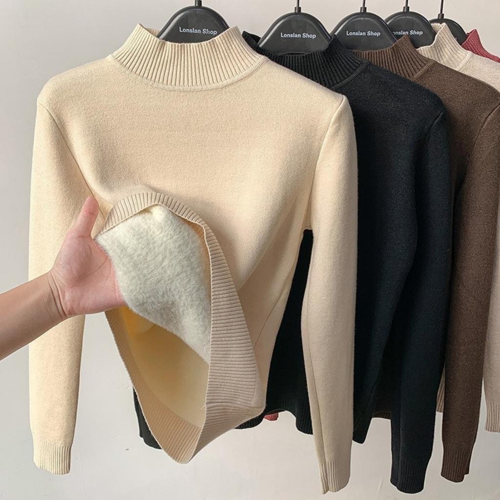 One Piece Velvet Fabric, High Neck Sweater for Women In Autumn and Winter, with Thickened Velvet Lining and A Base Knit Sweater