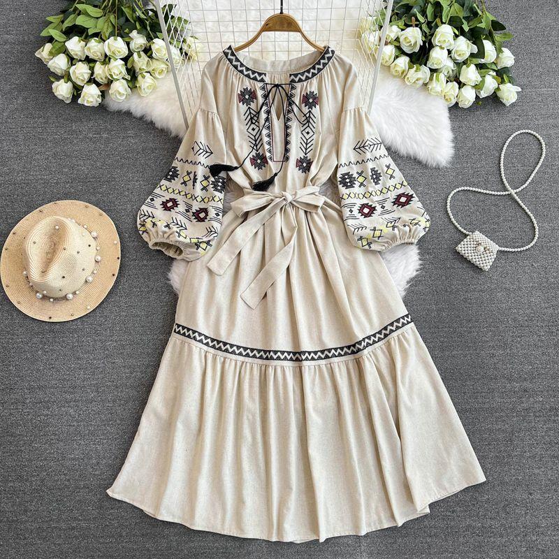 

Bohemia Ethnic Style Embroidered Lantern Sleeve Dress Apricot All yards